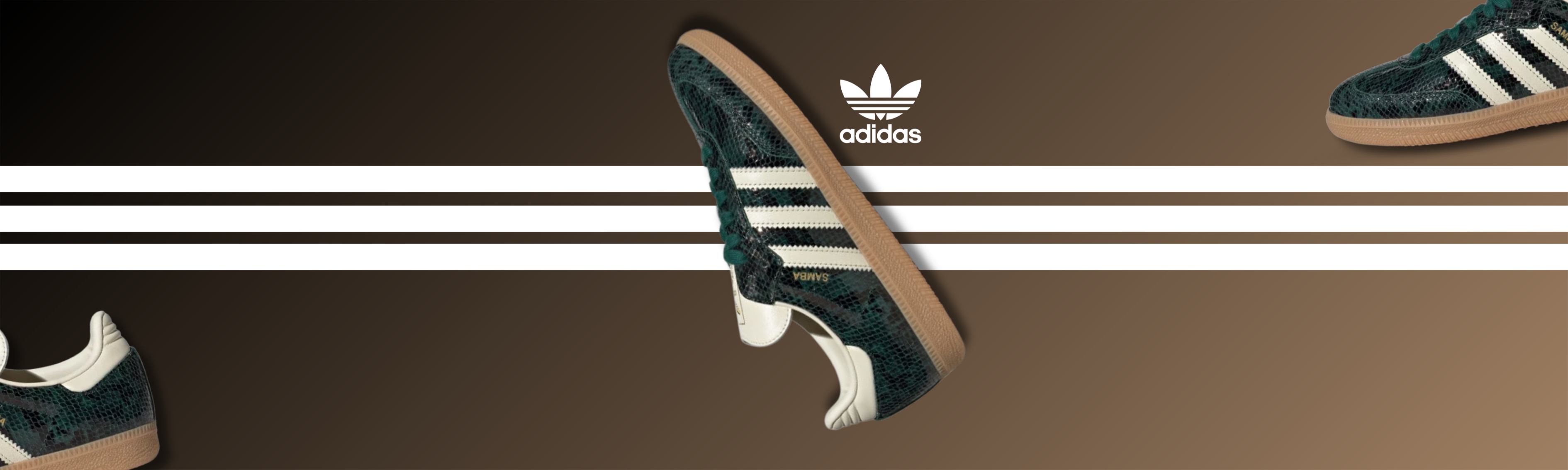 Adidas Samba sneakers with green snakeskin pattern, white stripes, gum sole on brown gradient background.