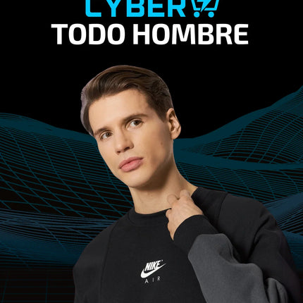 Young man in Nike Air sweatshirt, cyber sale banner for men's urban fashion