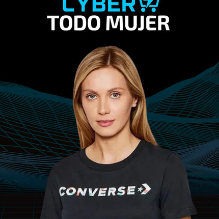 Woman in black Converse t-shirt with 'CYBER TODO MUJER' urban fashion promo background