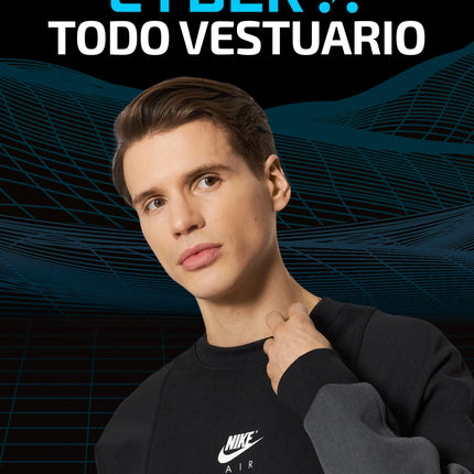 Man in black Nike Air sweatshirt with CYBER TODO VESTUARIO sale banner, urban style fashion
