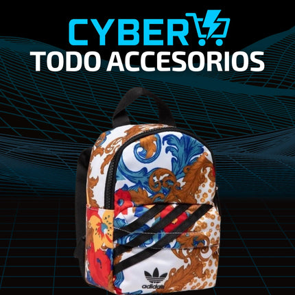 Colorful Adidas backpack with floral and baroque print, featured in cyber accessories promotion.
